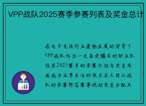 VPP战队2025赛季参赛列表及奖金总计