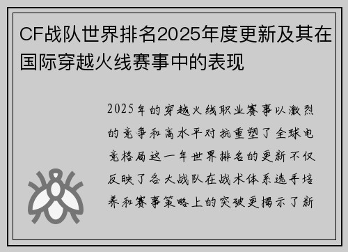 CF战队世界排名2025年度更新及其在国际穿越火线赛事中的表现