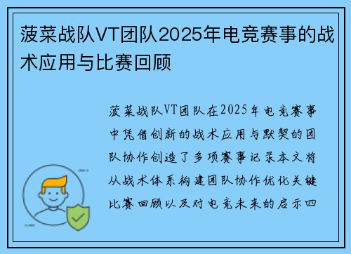 菠菜战队VT团队2025年电竞赛事的战术应用与比赛回顾