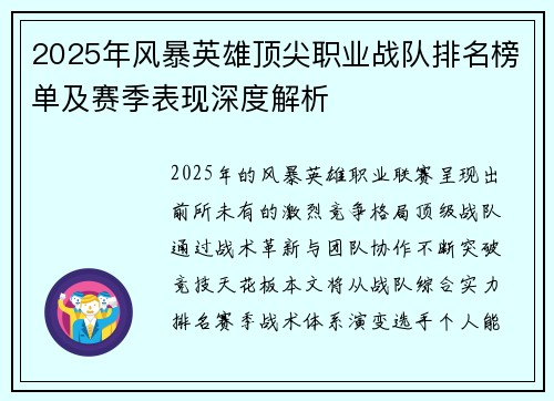 2025年风暴英雄顶尖职业战队排名榜单及赛季表现深度解析